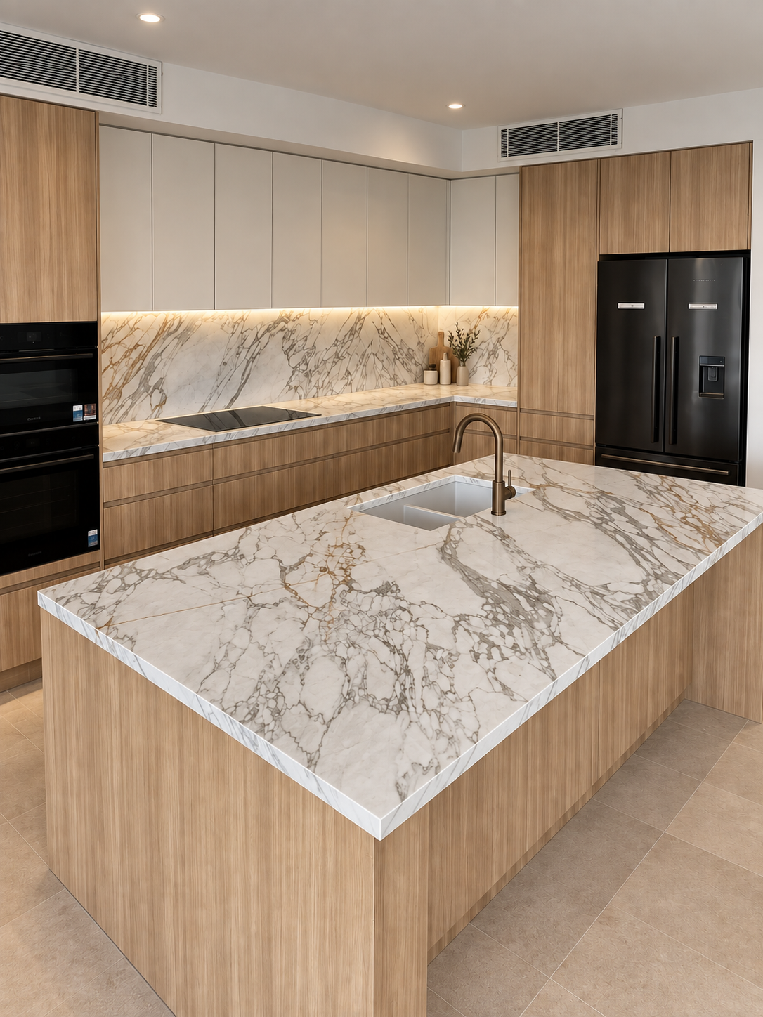 Veined natural stone kitchen with a 40 millimetre profile