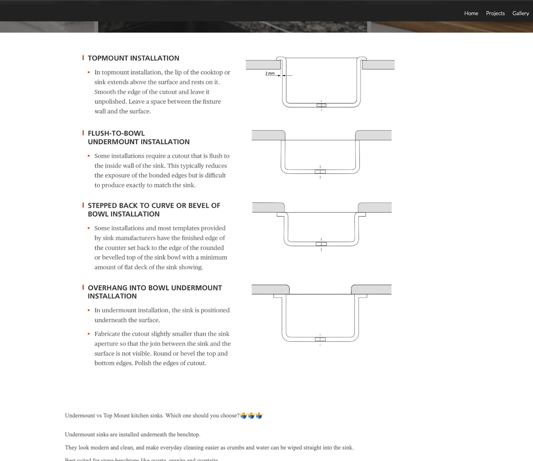 Technical comparison of top mount, flush undermount, stepped reveal and overhang undermount sink installations